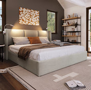 Letto imbottito 160x200 cm beige con contenitore e luce USB