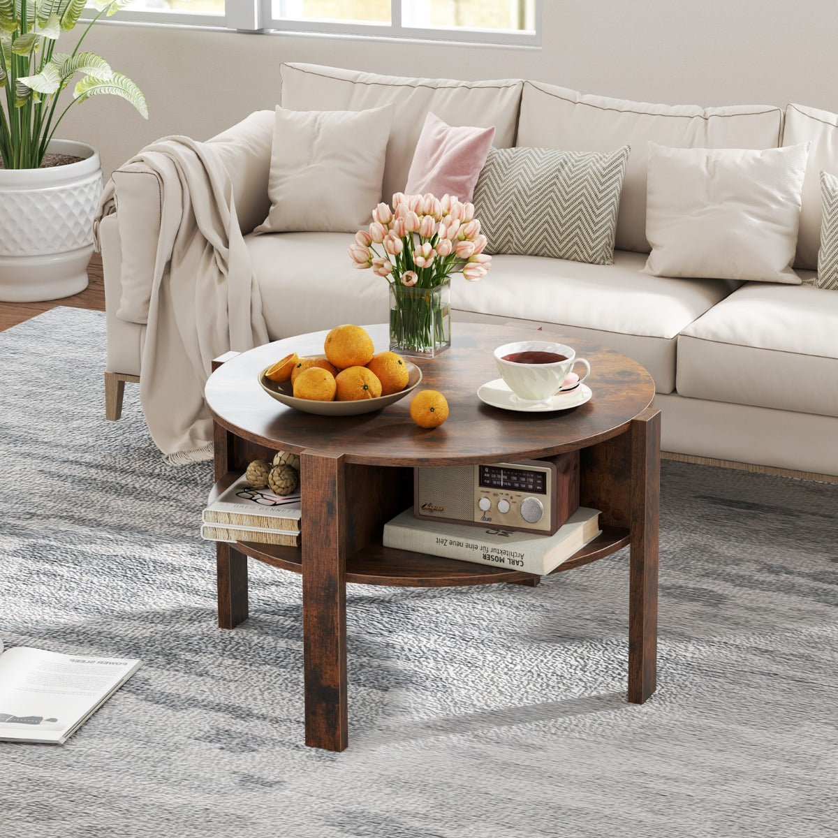 Tavolo da accent con piano in legno finto per soggiorno sala d'attesa, Tavolo da caff¨¨ a 2 piani con portaoggetti Marrone-Tavolini da salotto