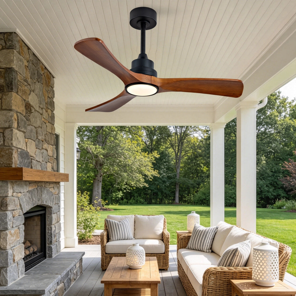 Ventilatore da soffitto 42 pollici con illuminazione, 3 pale legno massello, telecomando e wifi, motore DC silenzioso reversibile, moderno