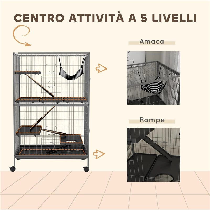 GABBIA PER RODITORI CON 4 INGRESSI A LIVELLI MULTIPLI CON AMACA, IN METALLO E PP, 80X52X128 CM, ARGENTO E GRIGIO