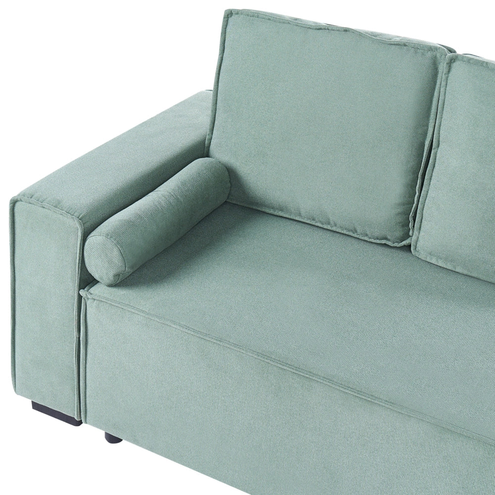 Divano letto angolare a 3 posti con rivestimento in tessuto verde chiaro, lato sinistro, con braccioli contenitore reversibili, stile moderno per soggiorno