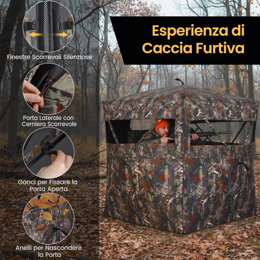 Tenda da Caccia Portatile per 4 Persone, Capanno Mimetico a Visione a 360° con Rete Trasparente e Borsa da Trasporto, Tenda Pop-up Camouflage per Caccia di Cervi e Tacchini, 147 x 147 x 170 cm