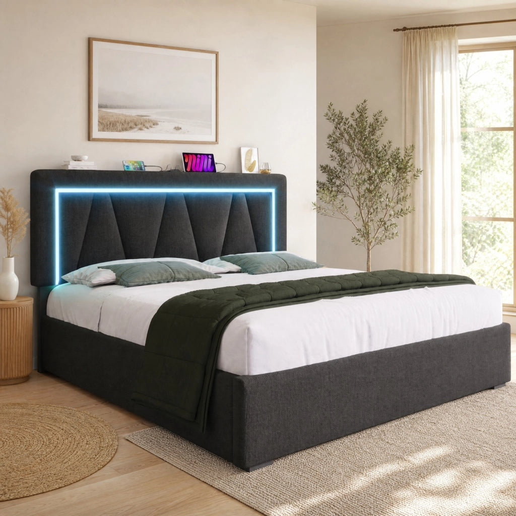 Letto matrimoniale 140x200 cm con contenitore; testiera regolabile; LED e USB Type C; lino grigio