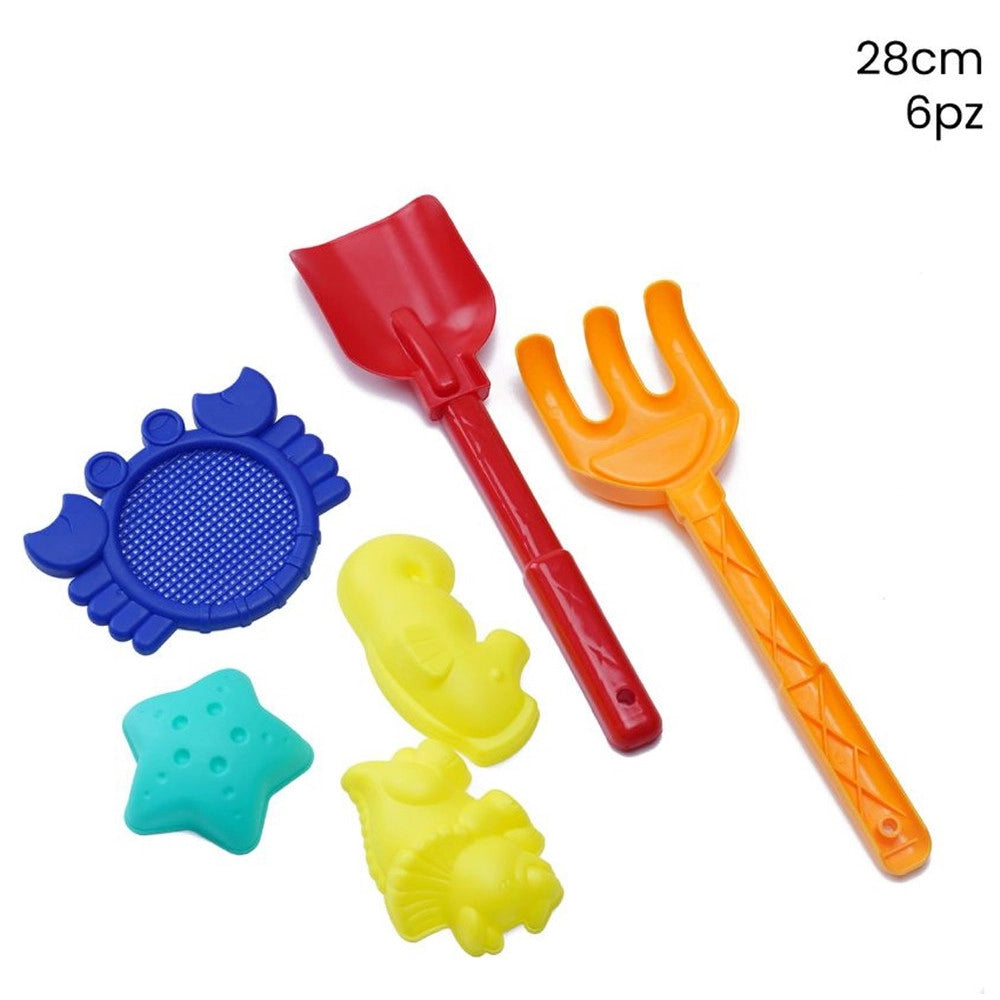 Trade Shop - Set 6pz Giochi Bambini Mare Spiaggia Con Paletta Rastrello 28cm Formine Setaccio 258330 -