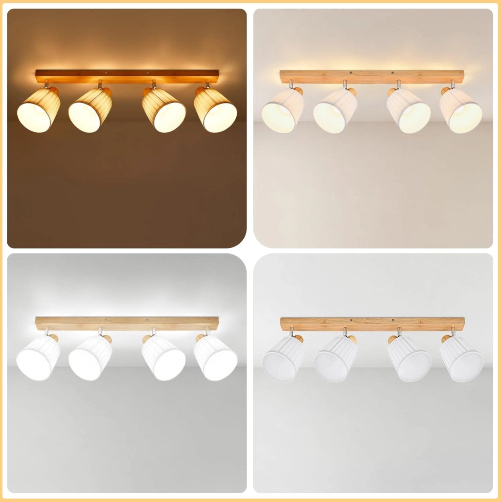 ZMH Faretto da soffitto 4 Luci Legno E14 Boho Bianco Tessuto Orientabile 350¡ã per Corridoio Soggiorno Senza Lampadina