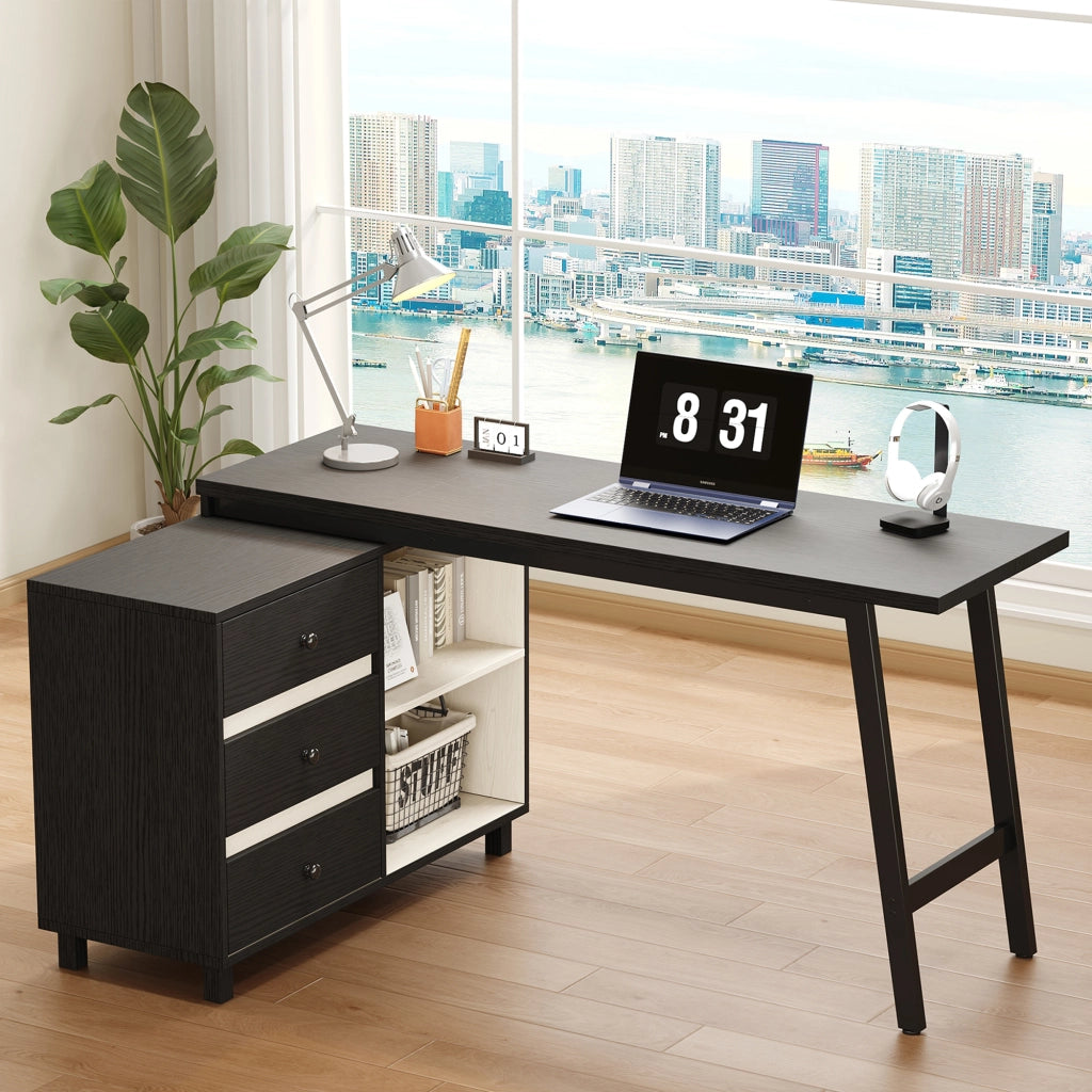 Scrivania angolare con 3 cassetti e 2 vani aperti; piano ampio per studio e ufficio; 150×100×76 cm; nero