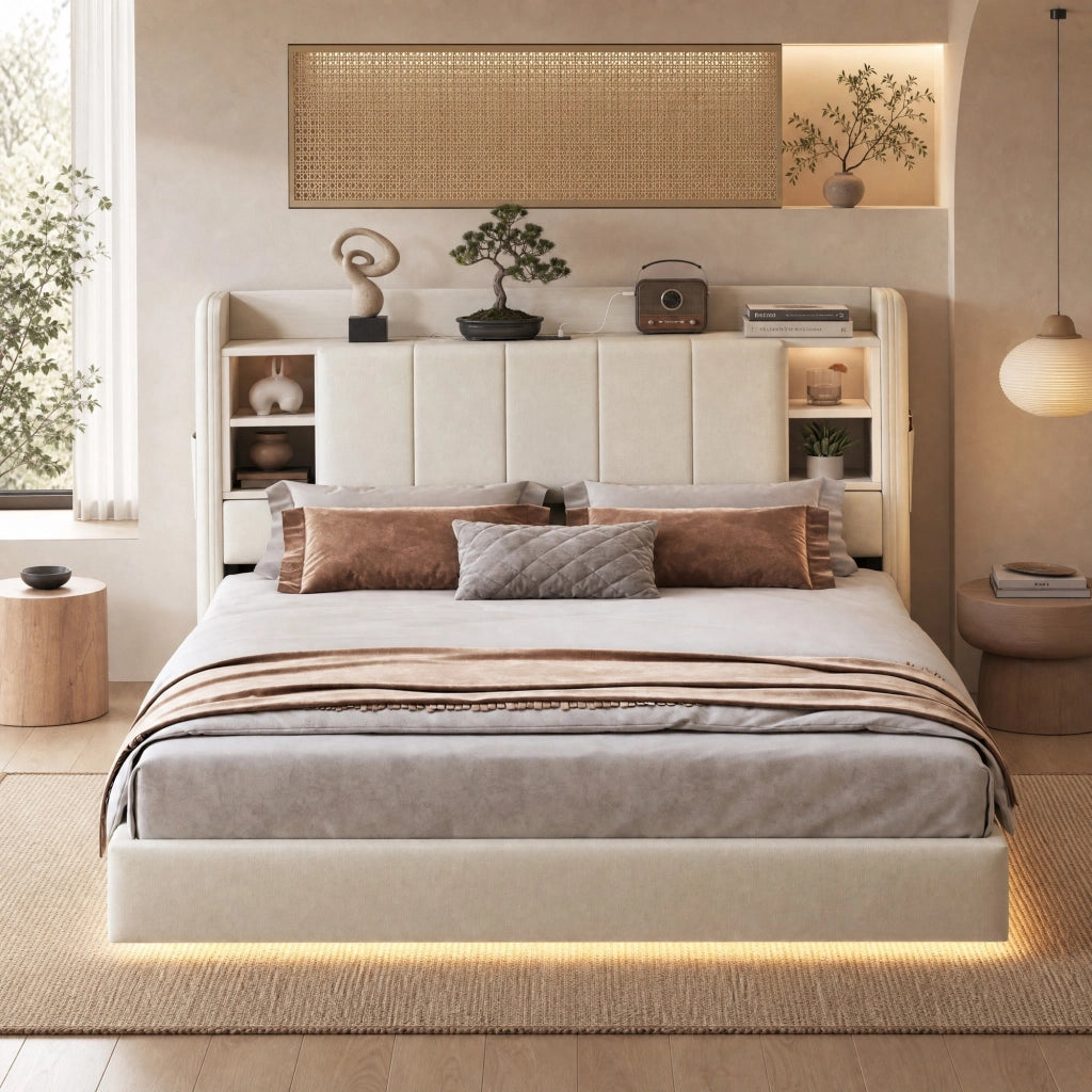 LETTO 140x200 cm Beige con LED e USB