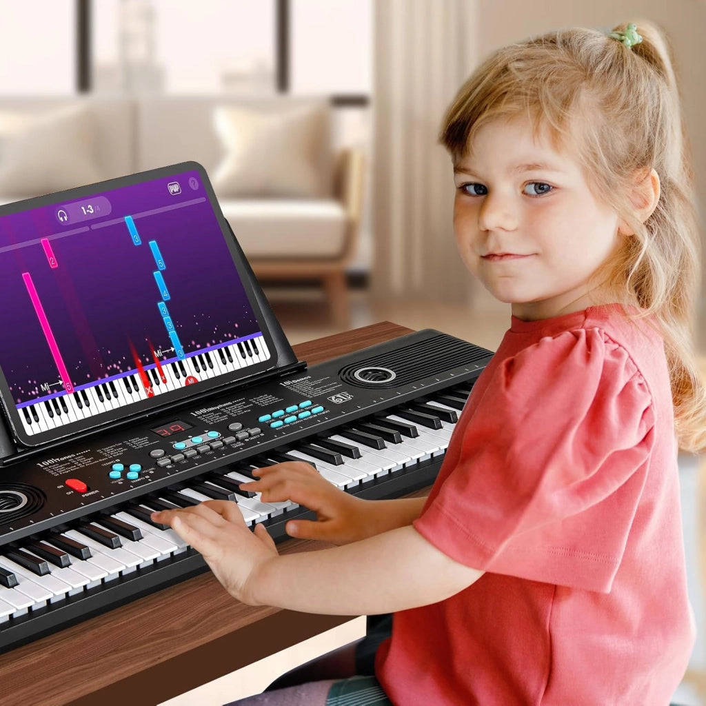 Pianoforte Digitale a 61 Tasti, Pianoforte Elettronica con Supporto, Microfono, Pianoforte Portatile con Adesivi per Tasti e Borsa da Trasporto, per Bambini e Adulti (Nero)
