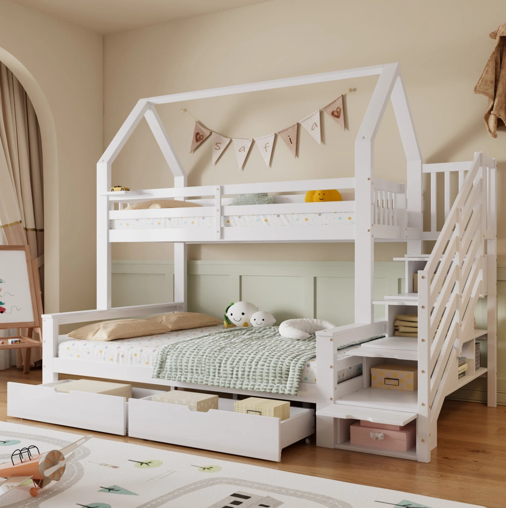 Letto a castello per bambini con scala contenitore e 2 cassetti bianco