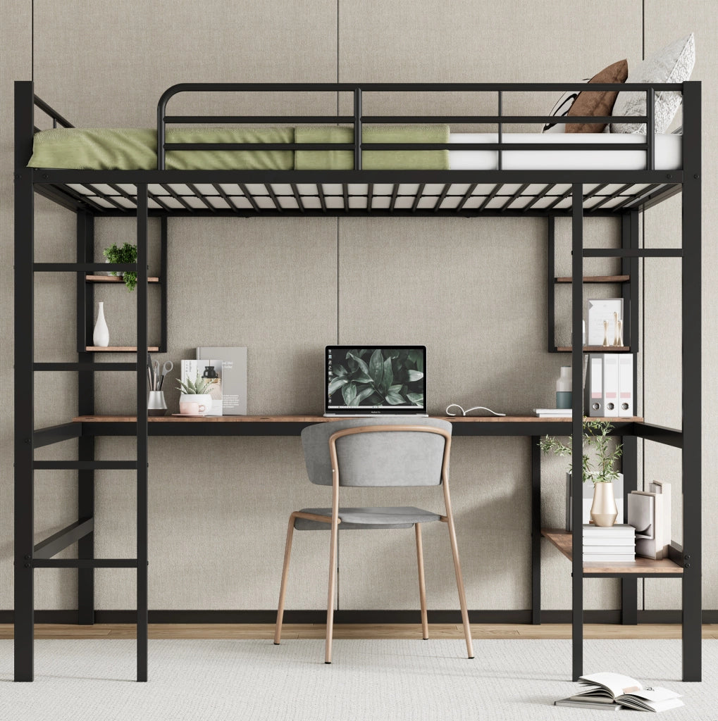 Letto a soppalco 140x200 cm con scrivania; libreria e scaffali; metallo nero