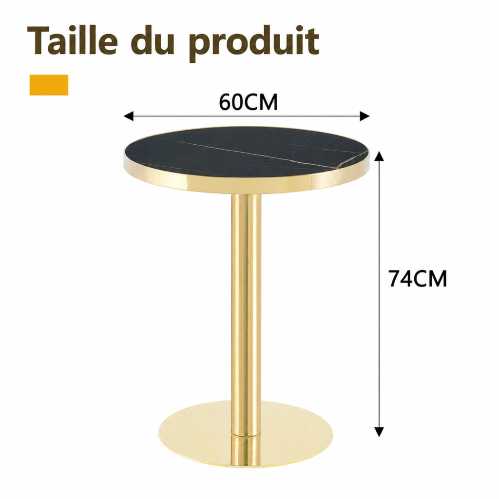 Tavolino laterale rotondo con piano effetto marmo UV e bordo in acciaio inox color oro nero