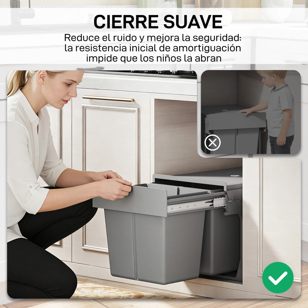 Cestino Sottolavabo Estraibile con 2 Contenitori 30L ¨C zephmum ¨C Grigio Chiaro 60x45x45 cm