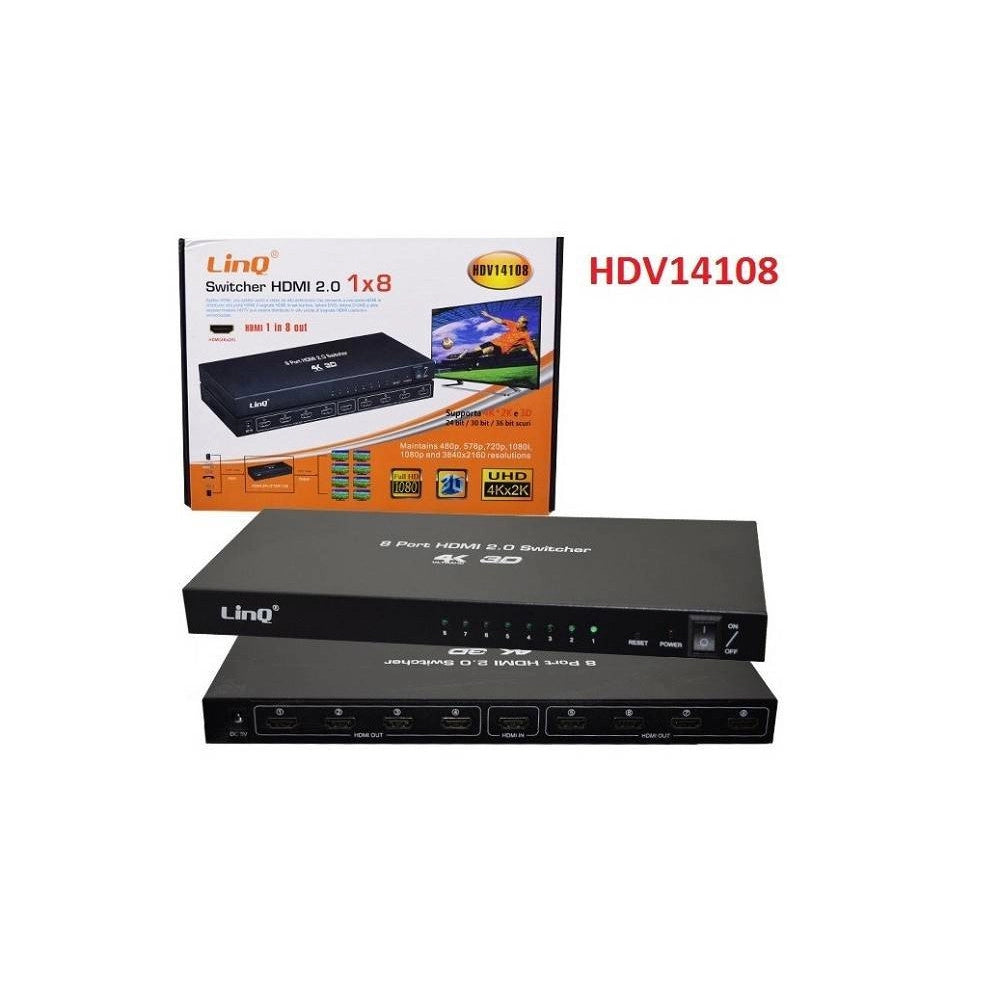 Trade Shop - Switch Switcher Hdmi 2.0 1x8 Porte Hdmi Uhd Supporto 4k 2k 3d Splitter Hdv14108 -