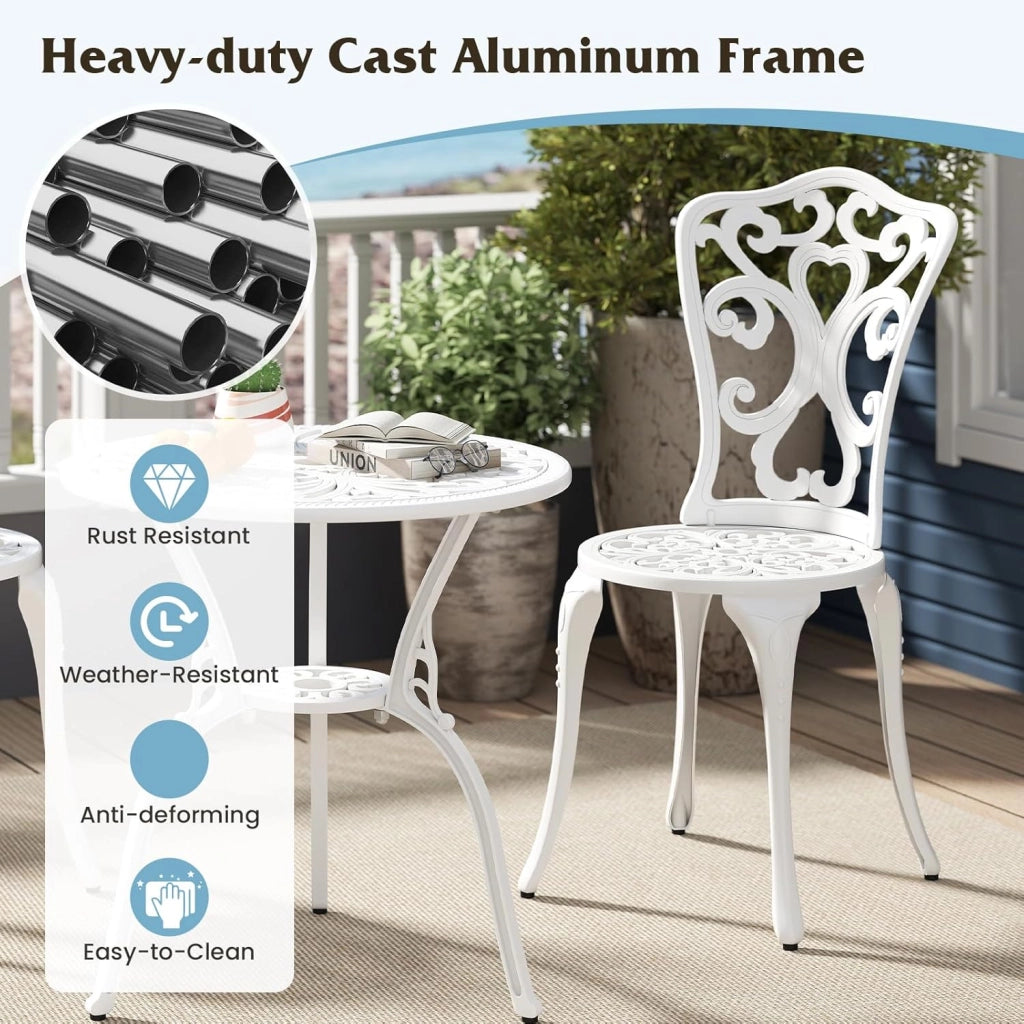 Set Tavolo da Bistrot in Fusione di Alluminio Set da 3 Pezzi Tavolino con 2 Sedie per Giardino Balcone Bordo Piscina, Colore Verde Bronzo/Bianco (Bianco)