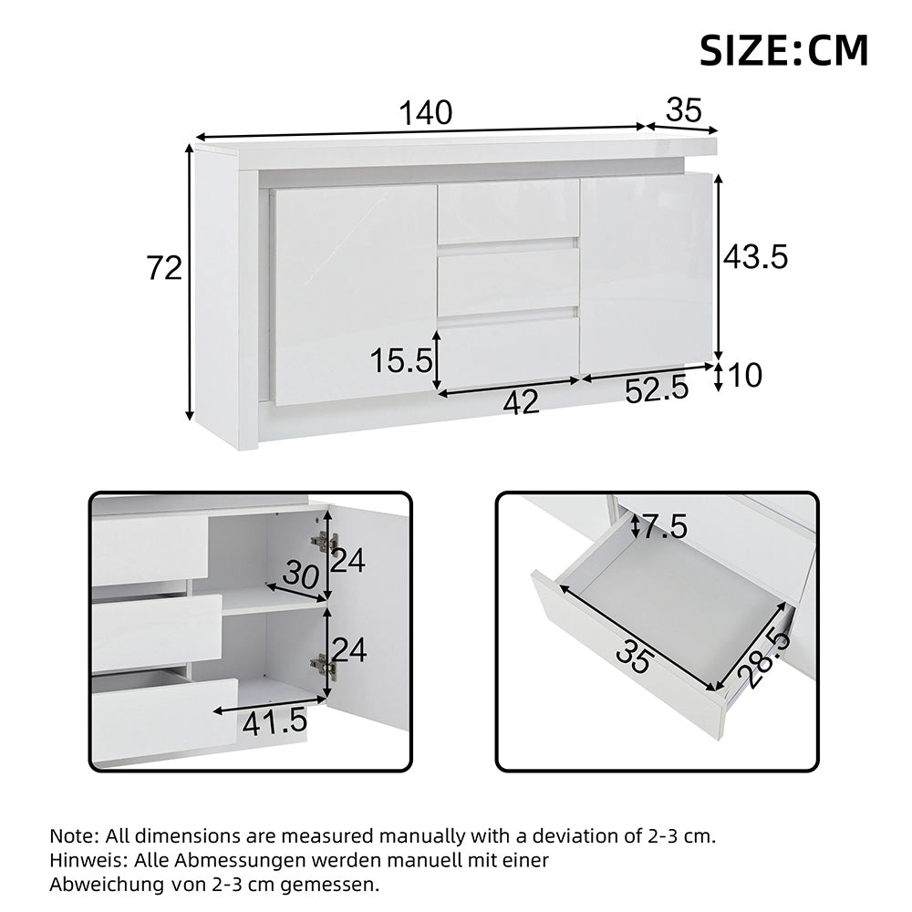 Credenza 140x35x72cm - Xylo - 3 Cassetti e 2 Ante Lucide con LED, Bianco
