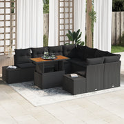 Set da Pranzo da Giardino in 9 Pezzi con Cuscini Nero in Rattan Polipropilene e Acacia