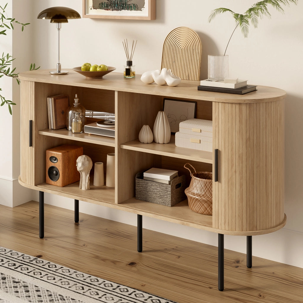 Credenza con 2 Ante a Serrandina Scorrevoli; Maniglie in Alluminio e Gambe in Ferro; in MDF; 140??40??78 cm; Naturale