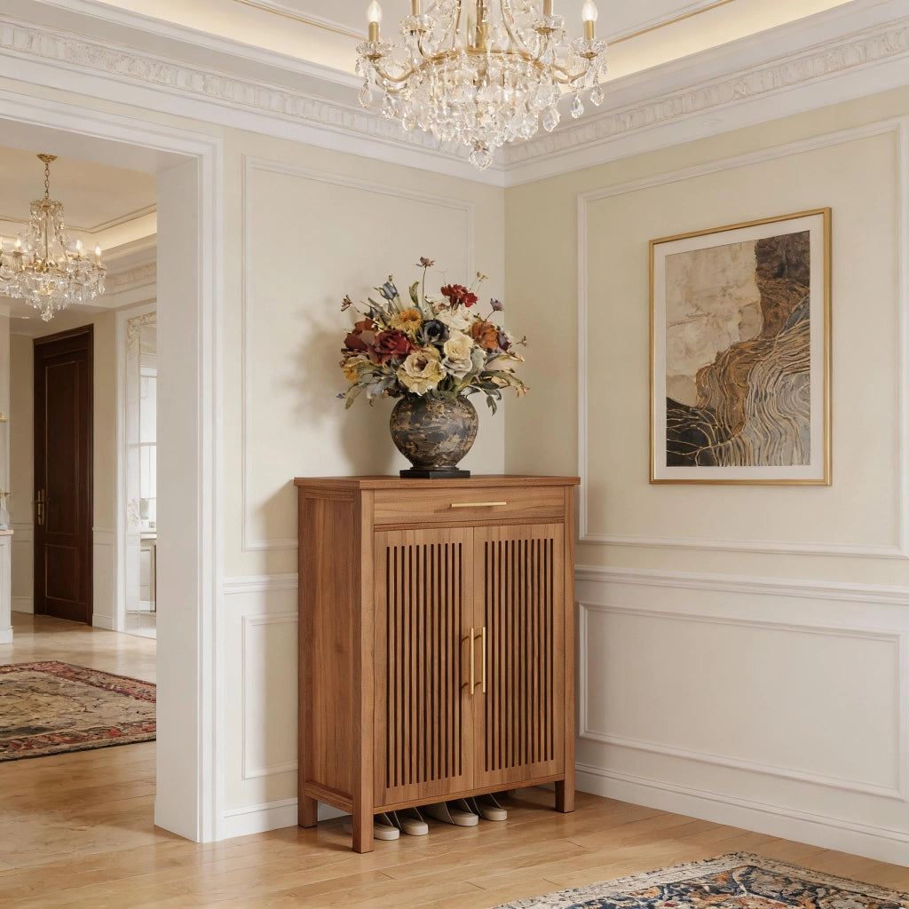 Scarpiera con 2 ante a lamelle, 1 cassetto e 5 ripiani, per ingresso, in MDF e metallo, marrone, 119,5 × 44 × 26 cm