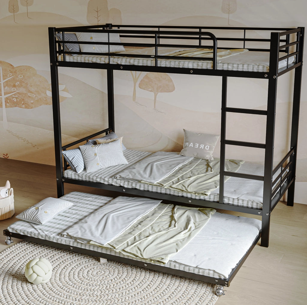 Letto a castello in ferro nero con letto estraibile, adatto per bambini e ragazzi, 90x200 cm e 90x190 cm