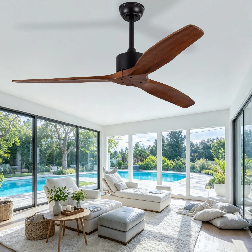Ventilatore da soffitto 52 pollici senza illuminazione con telecomando, 3 pale legno massello, motore DC reversibile silenzioso, design moderno