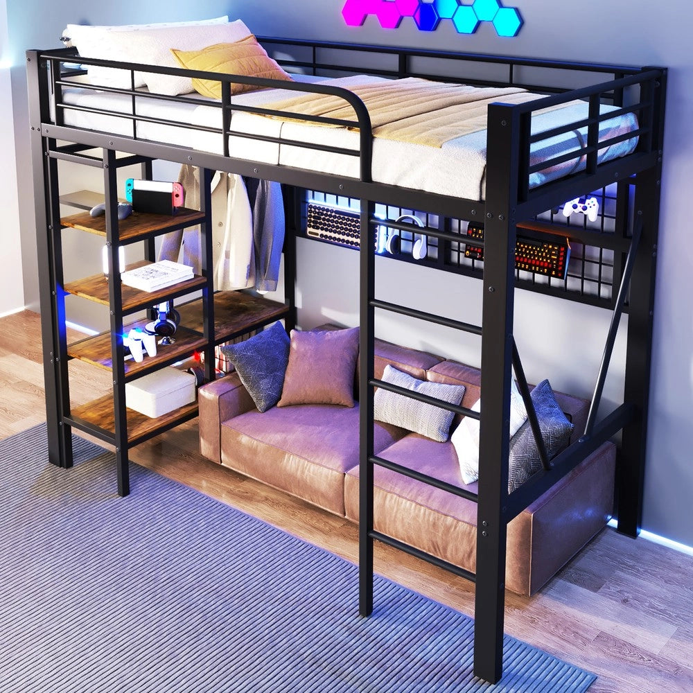 Letto a Soppalco con LED ¨C Xylo ¨C Metallo Nero 90x200 cm