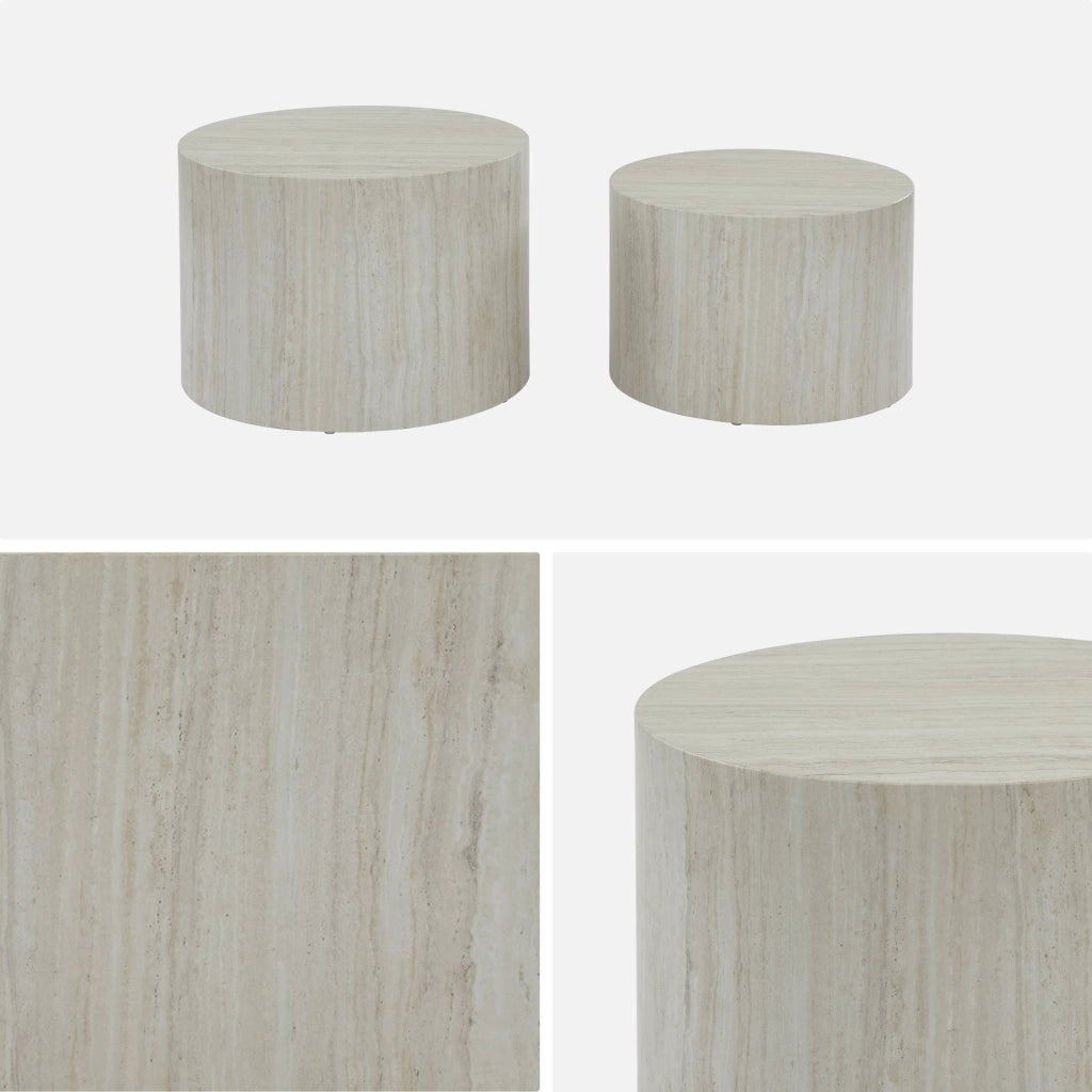 Set di 2 tavolini rotondi con effetto marmo, bianco