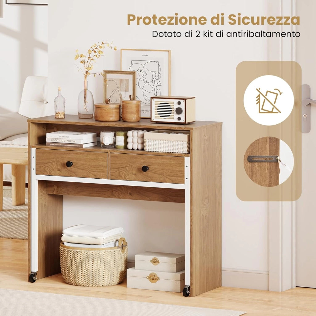 Scrivania per Computer, Tavolo Salvaspazio Retrattile con Cassetti e Ruote Universali Bloccabile, 100 x 63 x 88 cm, Desk Gaming per Ufficio, Soggiorno e Camera da Letto (Naturale)