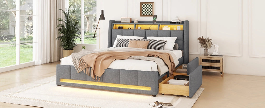 Letto imbottito 140 ¡Á 200 cm con cassetti LED controllabile tramite app USB in lino e MDF grigio