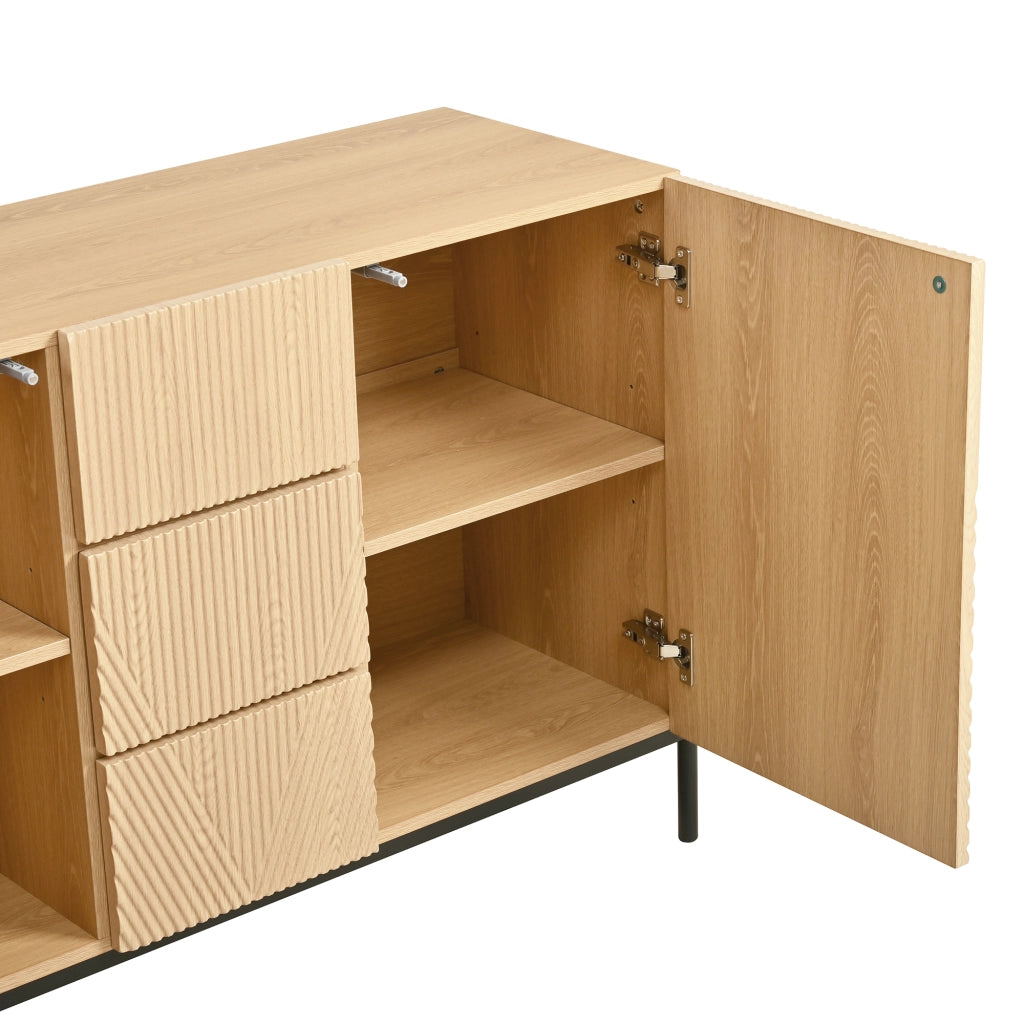 OKWISH Credenza con 2 Ante e 1 Cassetto, Frontali Geometrici, Gambe in Metallo, MDF, Naturale, 115,5 x 40 x 76 cm