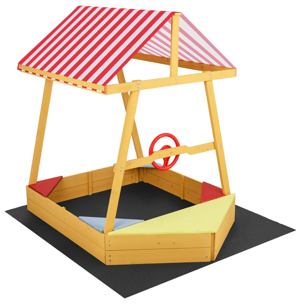Sabbiera per bambini in legno massello forma di barca, Sabbionaia con tetto parasole panca e sedile senza fondo con fodera