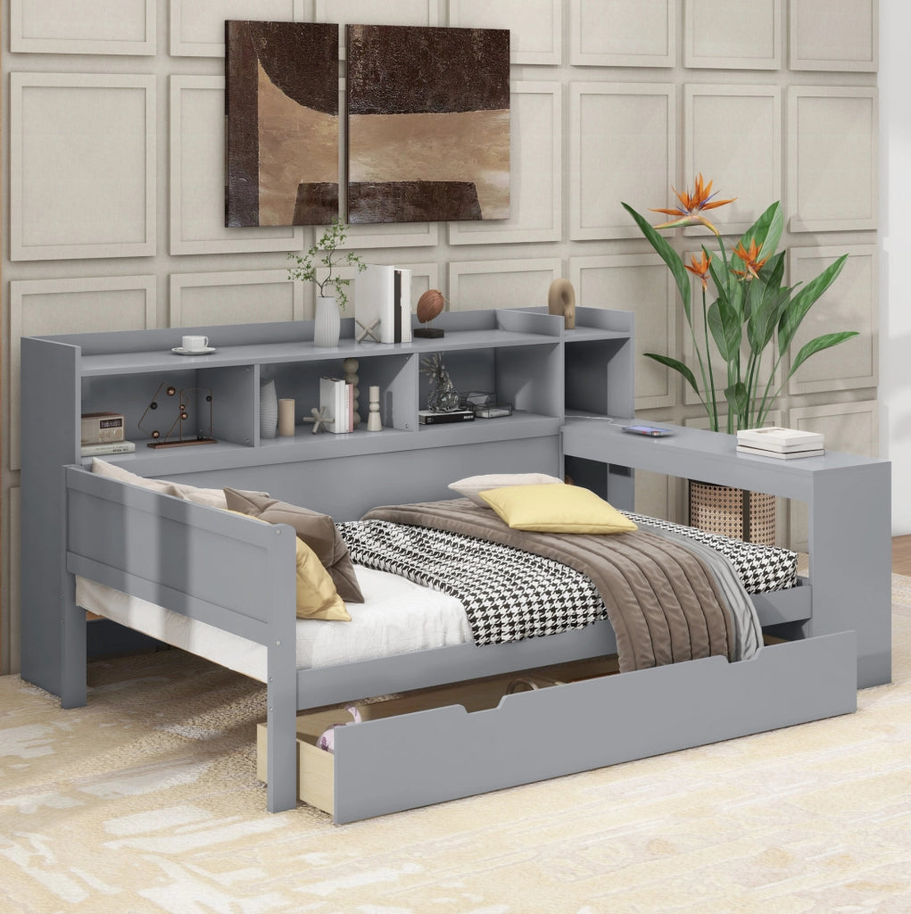 Letto 90x200 cm con scrivania, USB, presa e 2 cassetti grigio
