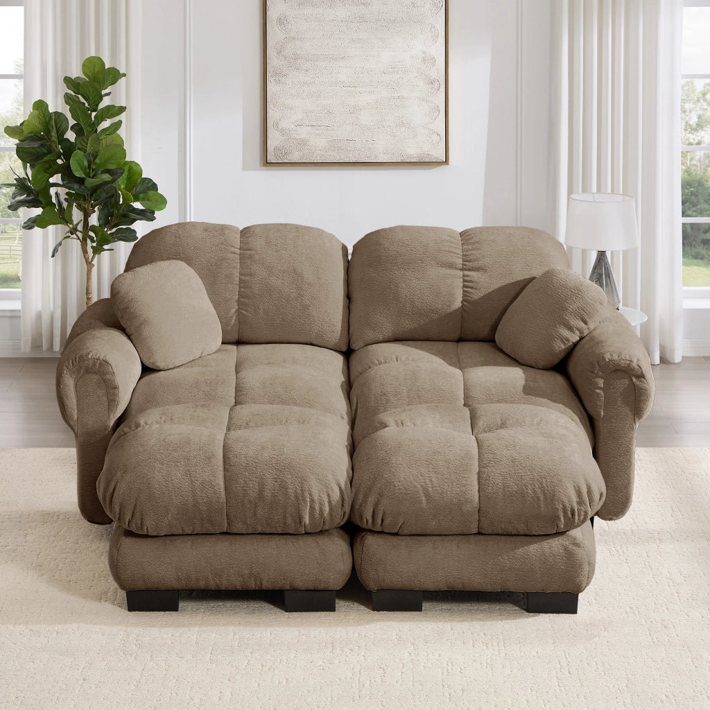 Divano modulare a U 2 posti con cuciture trapuntate; cuscini spessi e ottomana mobile in chenille marrone 190×149×90 cm