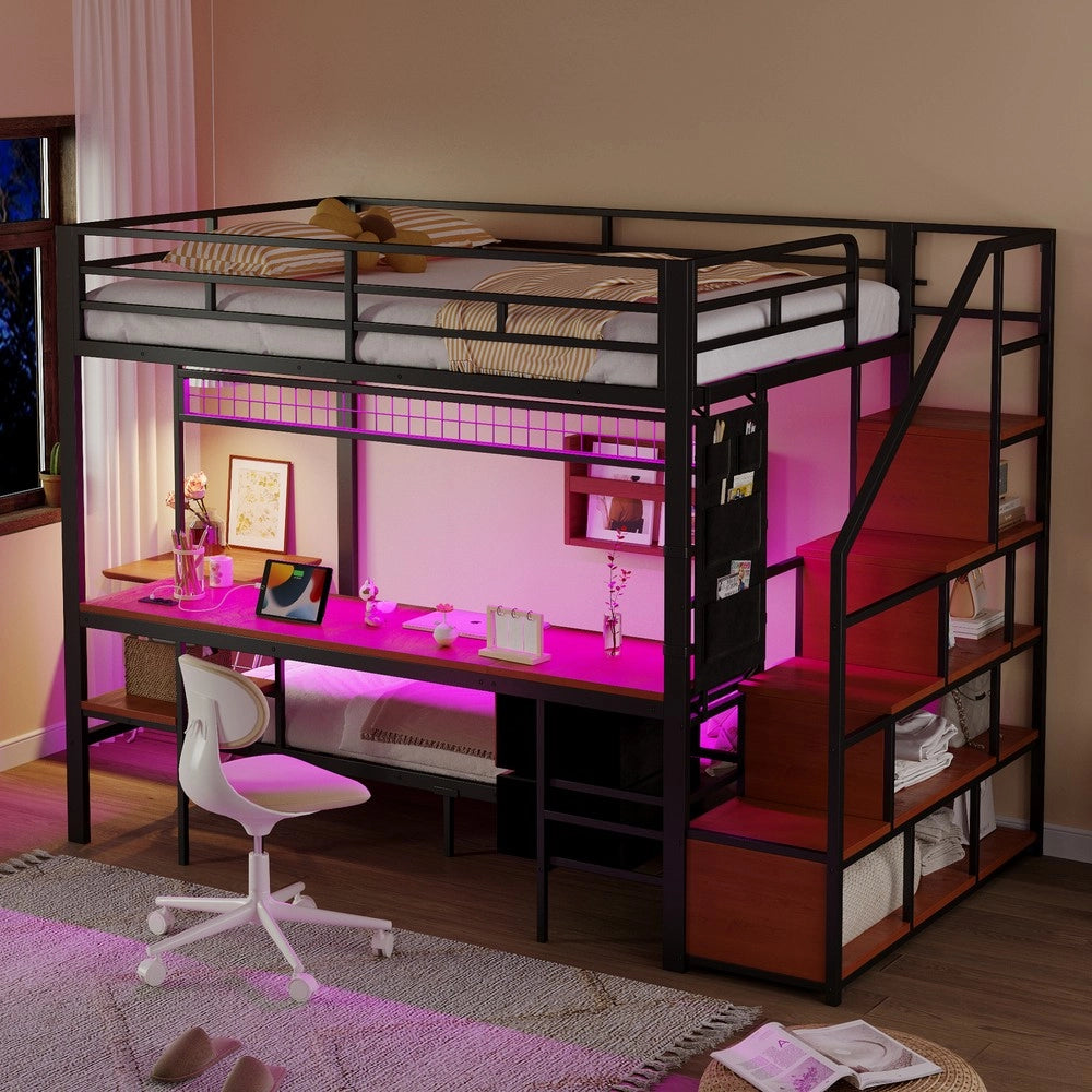 Letto a Soppalco con Scrivania e LED ¨C Xylo ¨C Metallo, Nero, 140x200/90x200