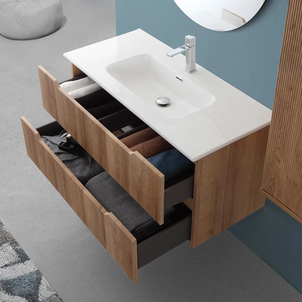 Mobile bagno sospeso 80 rovere cannettato doppi cassetto lavabo e specchio Wise