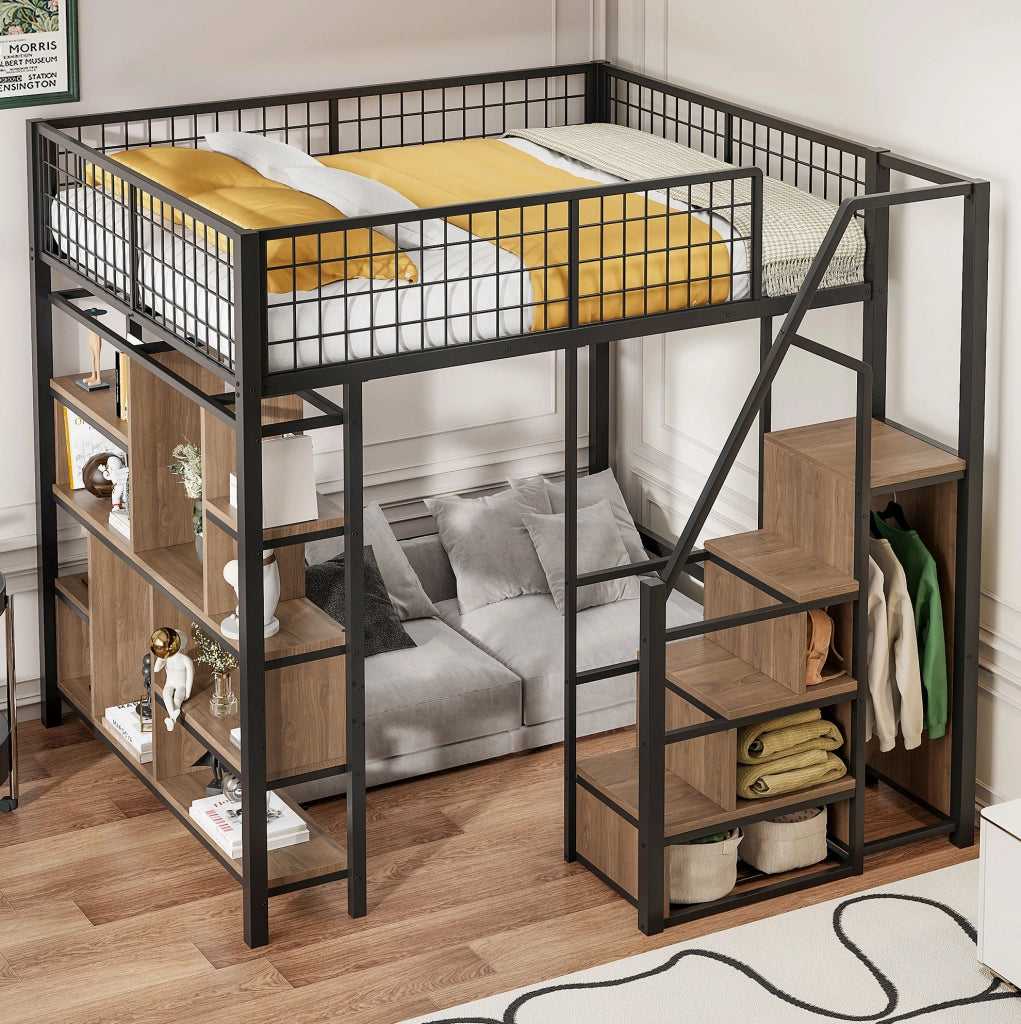 Letto a soppalco 140x200 cm con scala contenitore nero