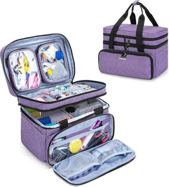 Organizzatore per accessori da cucito a doppia pianta con molti contenitori e grande capacità, blu scuro