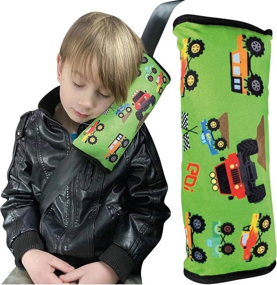Schiene per bambini - lavabile in lavatrice - cuscino auto, schermo per cintura, cuscino per cintura, cuscino per auto, cuscino per viaggio, 30x12cm (Monster Trucks)