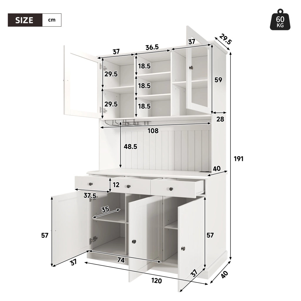 Credenza alta con 2 Ante in vetro; 1 Cassetto; Ripiani Regolabili e Prese USB; in MDF; 120 x 40 x 191 cm; Bianco
