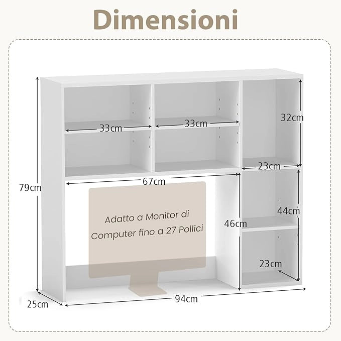 Libreria da Scrivania, Scaffale per Scrivania con 3 Ripiani Regolabili e Scomparto Aperto per Monitor 27", Organizzatore di Spazio per Casa Ufficio Dormitorio, 94x25x79 cm (Bianco)