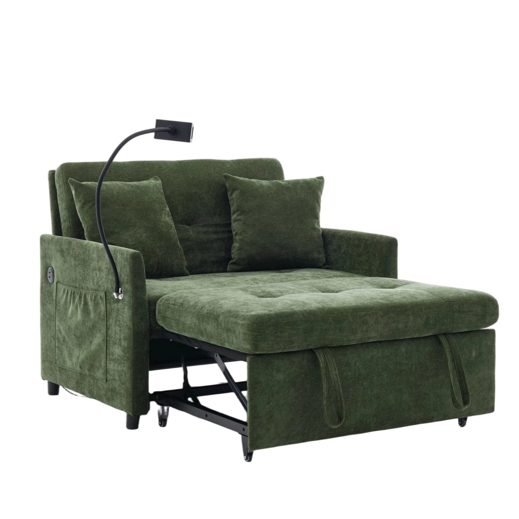 Divano letto multifunzione in tessuto verde con porta USB e supporto per tablet per soggiorno 109 × 72 × 83,5 cm