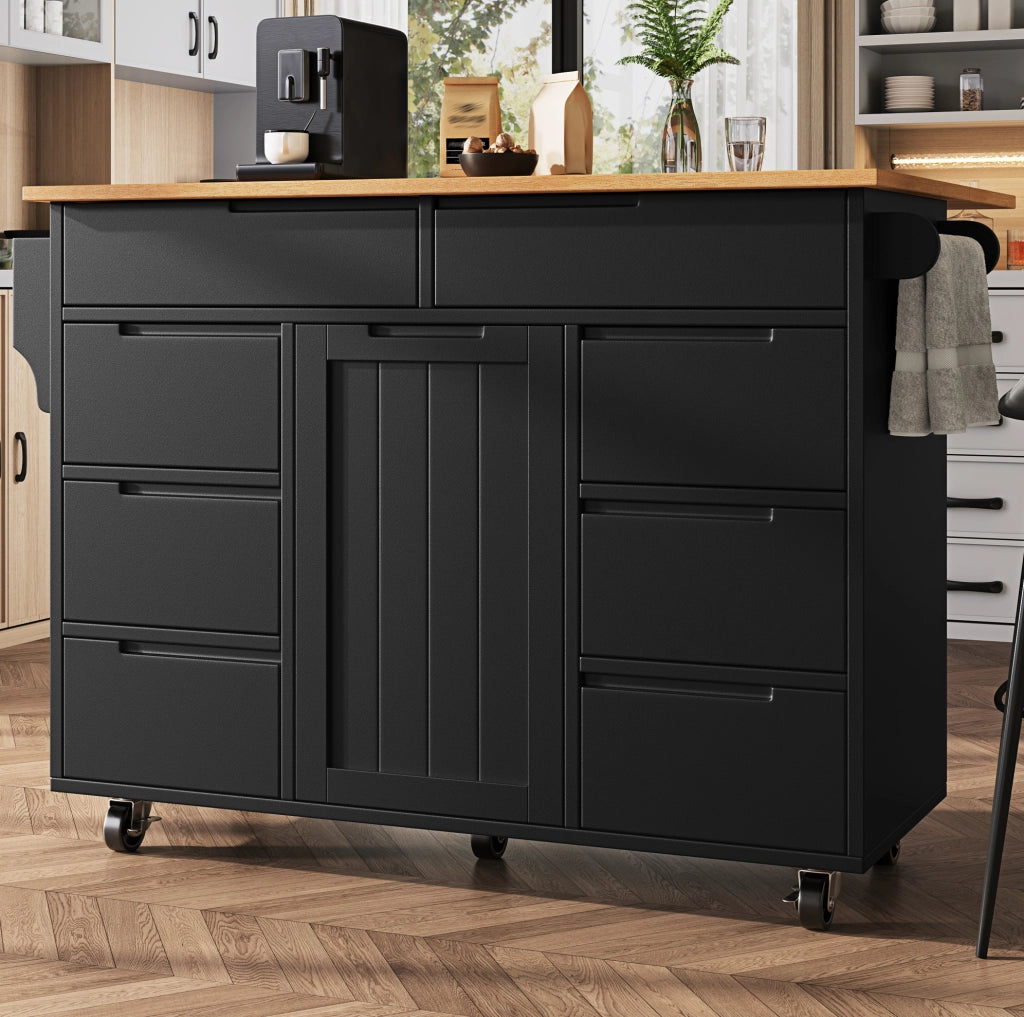 Carrello da cucina con piano ribaltabile; 8 cassetti e ruote; MDF nero
