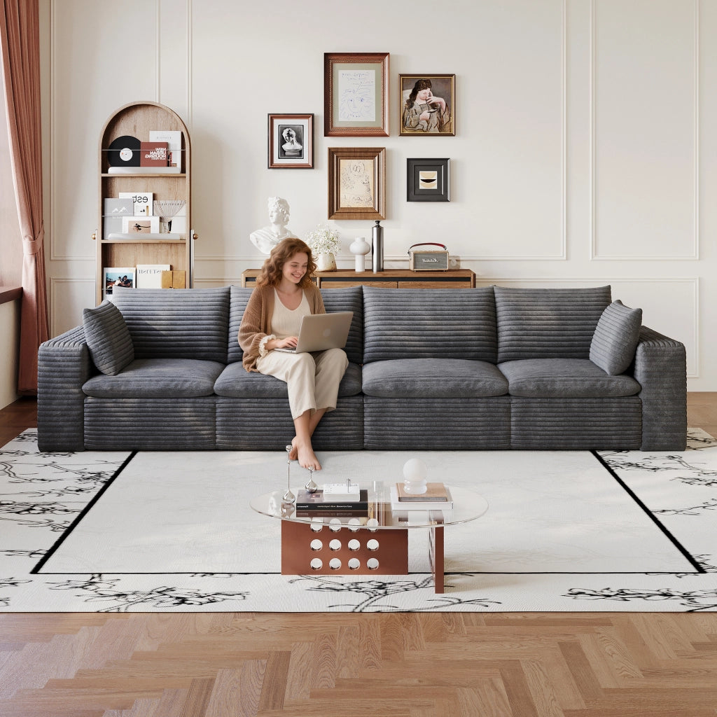 Divano 3 Posti in Tessuto a Coste ¨C MINIMAL ¨C Grigio Scuro, 340cm, Imbottito, Senza Montaggio