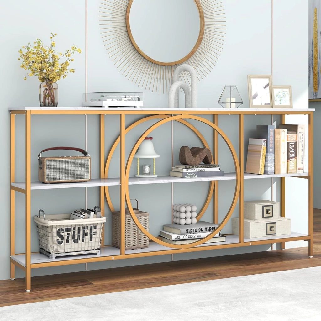 Tavolo consolle in marmo oro, tavolo d'ingresso, 180 x 30 x 90 cm, grande, tavolo da corridoio a 3 livelli con struttura in metallo, tavolino sottile, tavolino da divano, tavolo da soggiorno
