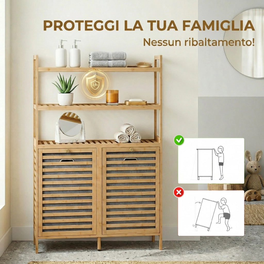 Mobile Porta Biancheria 2 Cestini 3 Ripiani ¨C zephmum ¨C Rovere Bamb¨´ 60x40x138