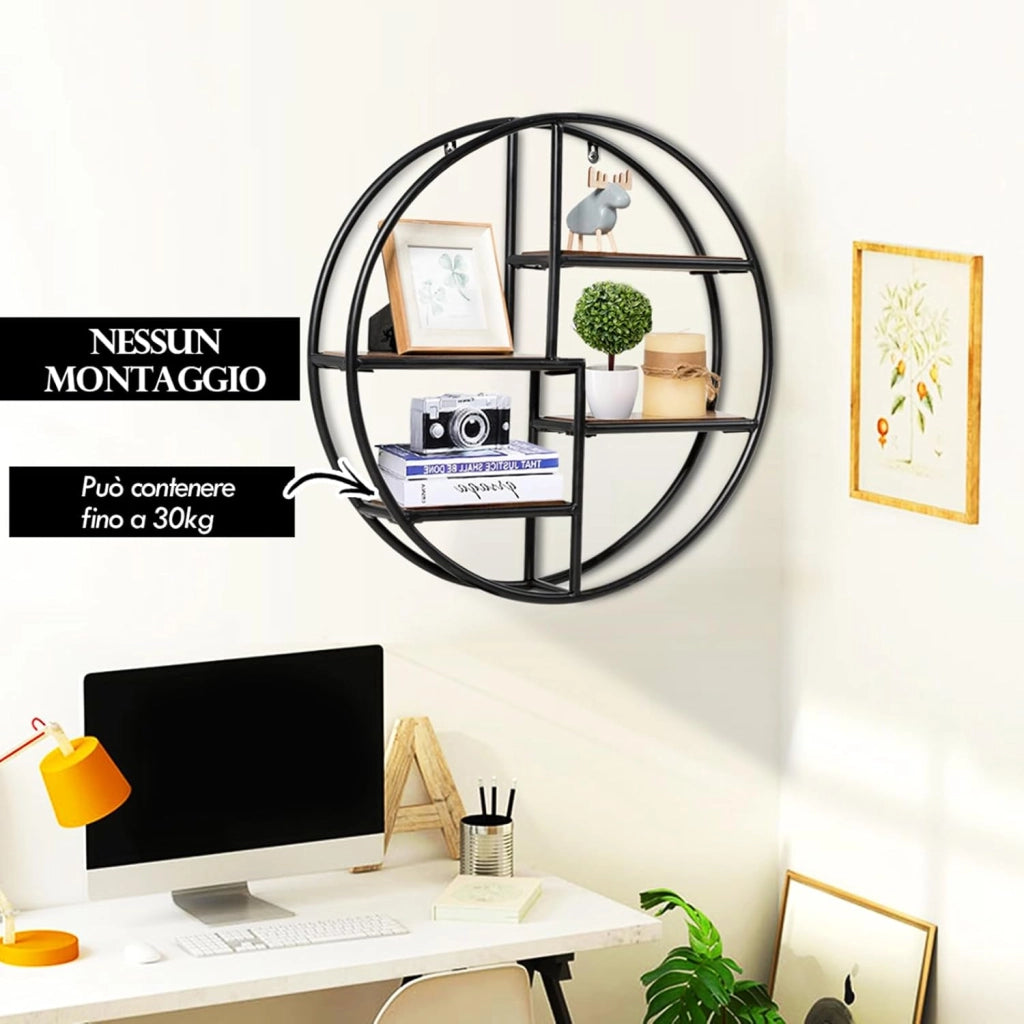 Mensola da Muro Design, Scaffale Rotondo da Parete, Libreria con 4 Ripiani Salvaspazio, per Cucina Camera da Letto Soggiorno, 55 x 55 x 11 cm
