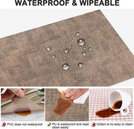 Set di tappeti di plastica per tavolo in pelle resistenti al calore, idonei all'uso esterno, impermeabili e lavabili, con superficie antiscivolo, da 6 pezzi, colore marrone scuro.