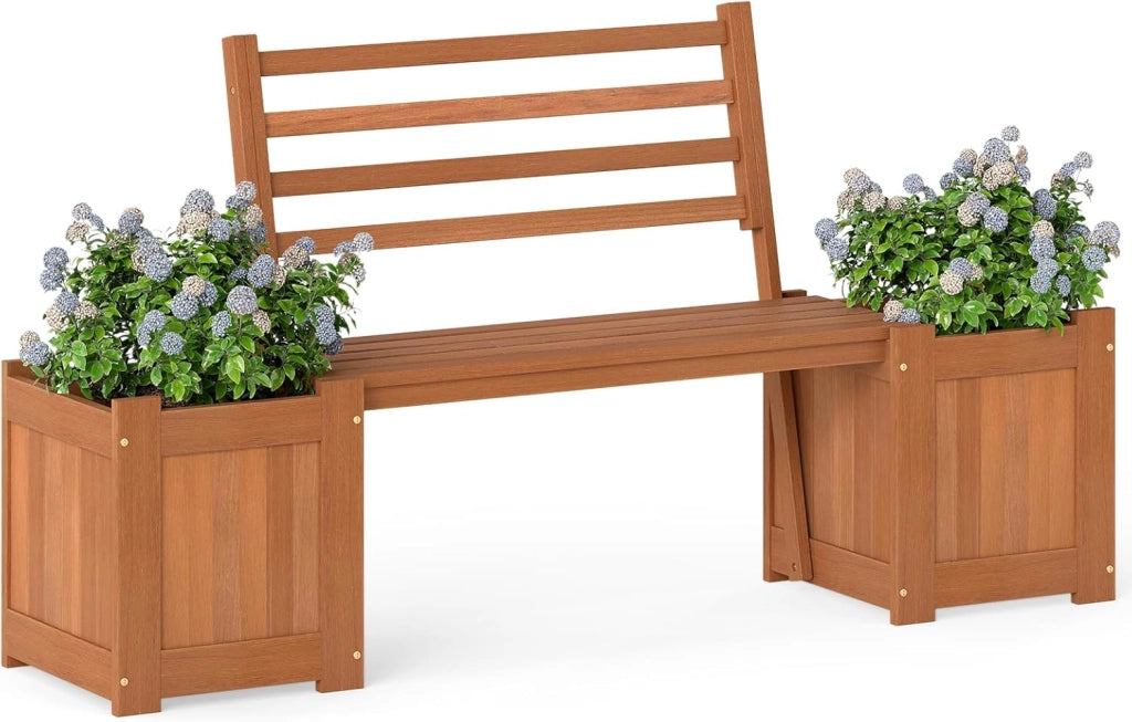 Fioriera da Esterno in Legno con Panca, Panchina da Giardino con 2 Fioriere, Schienale, Base Aperta e Finitura ad Olio di Teak, Contenitore Decorativo per Piante da Cortile e Balcone