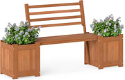 Fioriera da Esterno in Legno con Panca, Panchina da Giardino con 2 Fioriere, Schienale, Base Aperta e Finitura ad Olio di Teak, Contenitore Decorativo per Piante da Cortile e Balcone