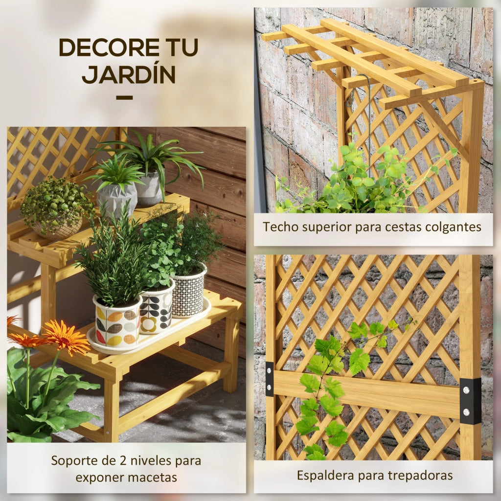 Sostegno per Piante a 2 Livelli in Legno con Griglia ¨C zephmum ¨C Naturale