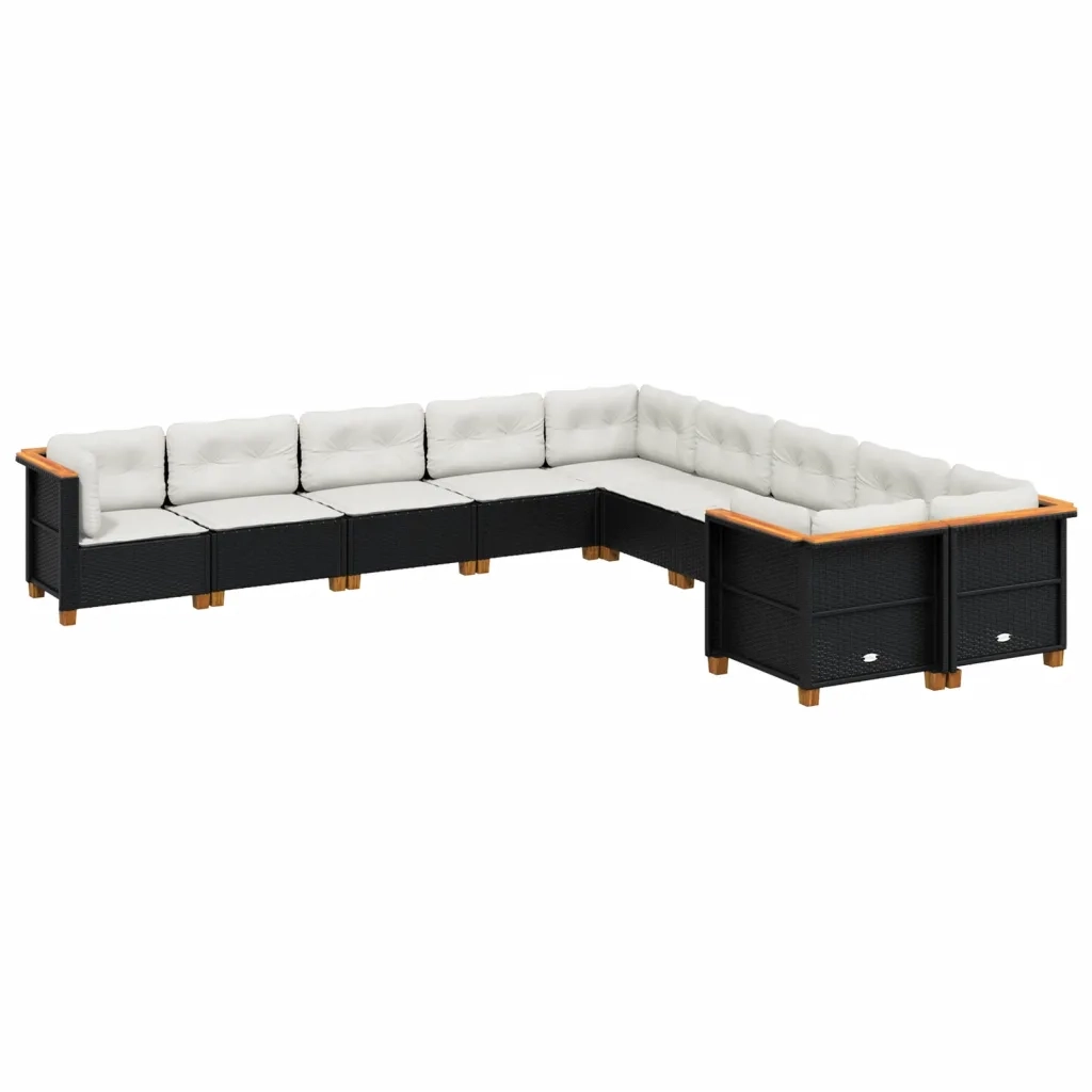 Set Divani da Giardino 10pz con Cuscini in Polyrattan Nero